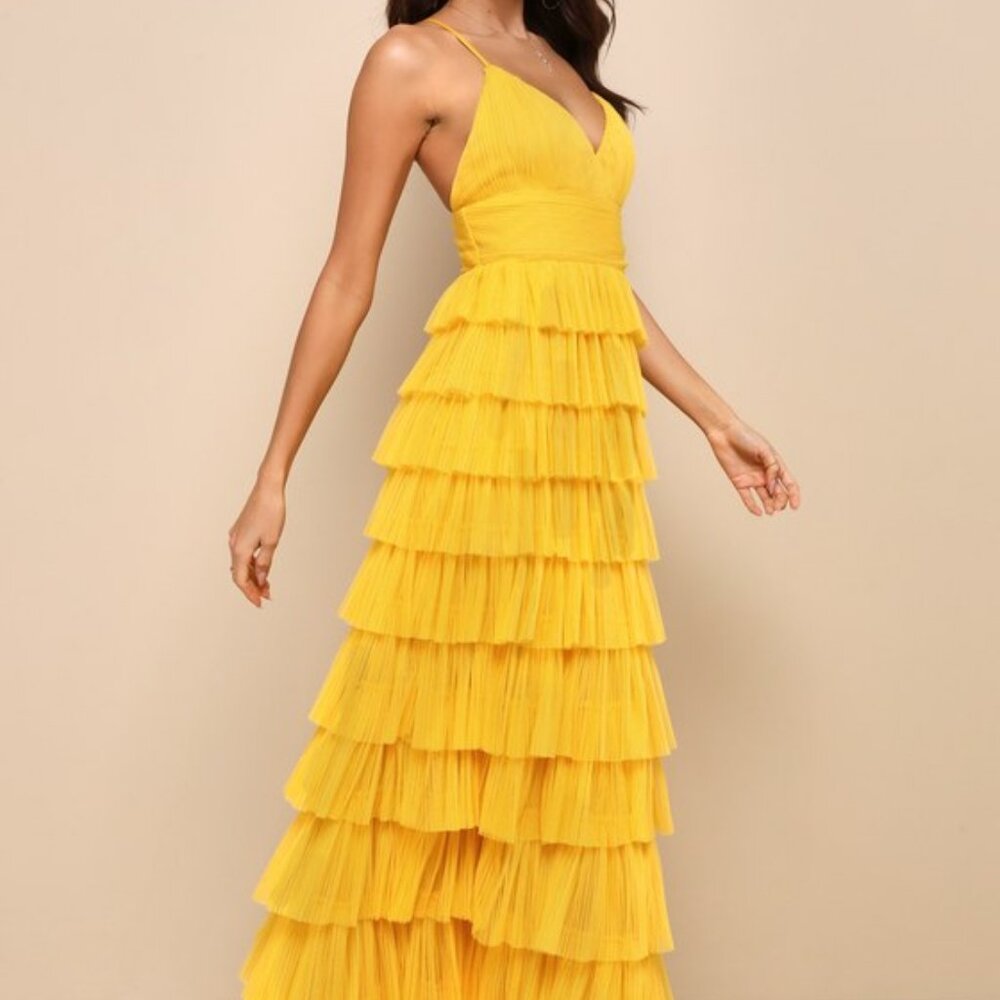 NEW Lulus Radiant Event Yellow Mesh Tiered Ruffled Backless Maxi Dress - Size XS